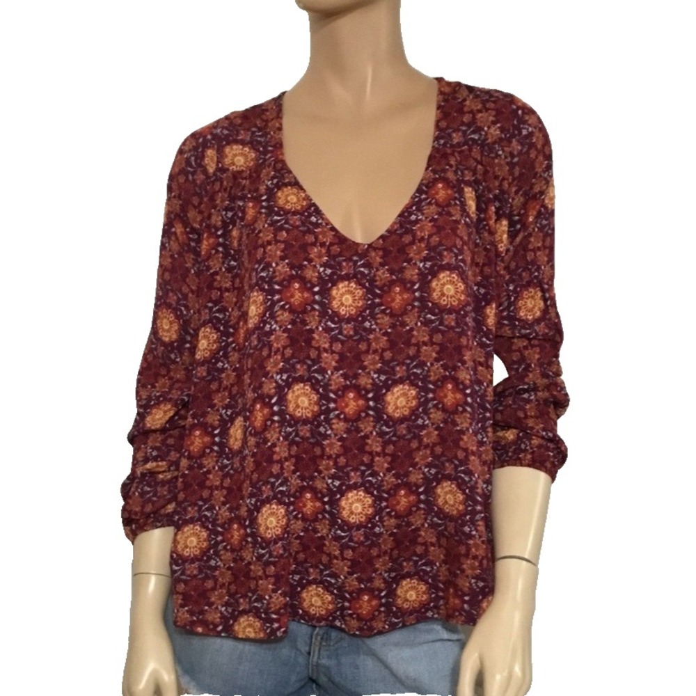 Gypsies & Moondust Blouse Womens L Burgundy Floral Long Sleeve Boho Festival